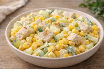 Яркий праздничный салат с сухариками и нежной заправкой на красивой тарелке — рецепт за 15 минут от Виктора Ерофеева для souspark.ru