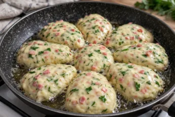 Пышные ленивые пирожки с вкраплениями свежей зелени на сковороде. Процесс приготовления