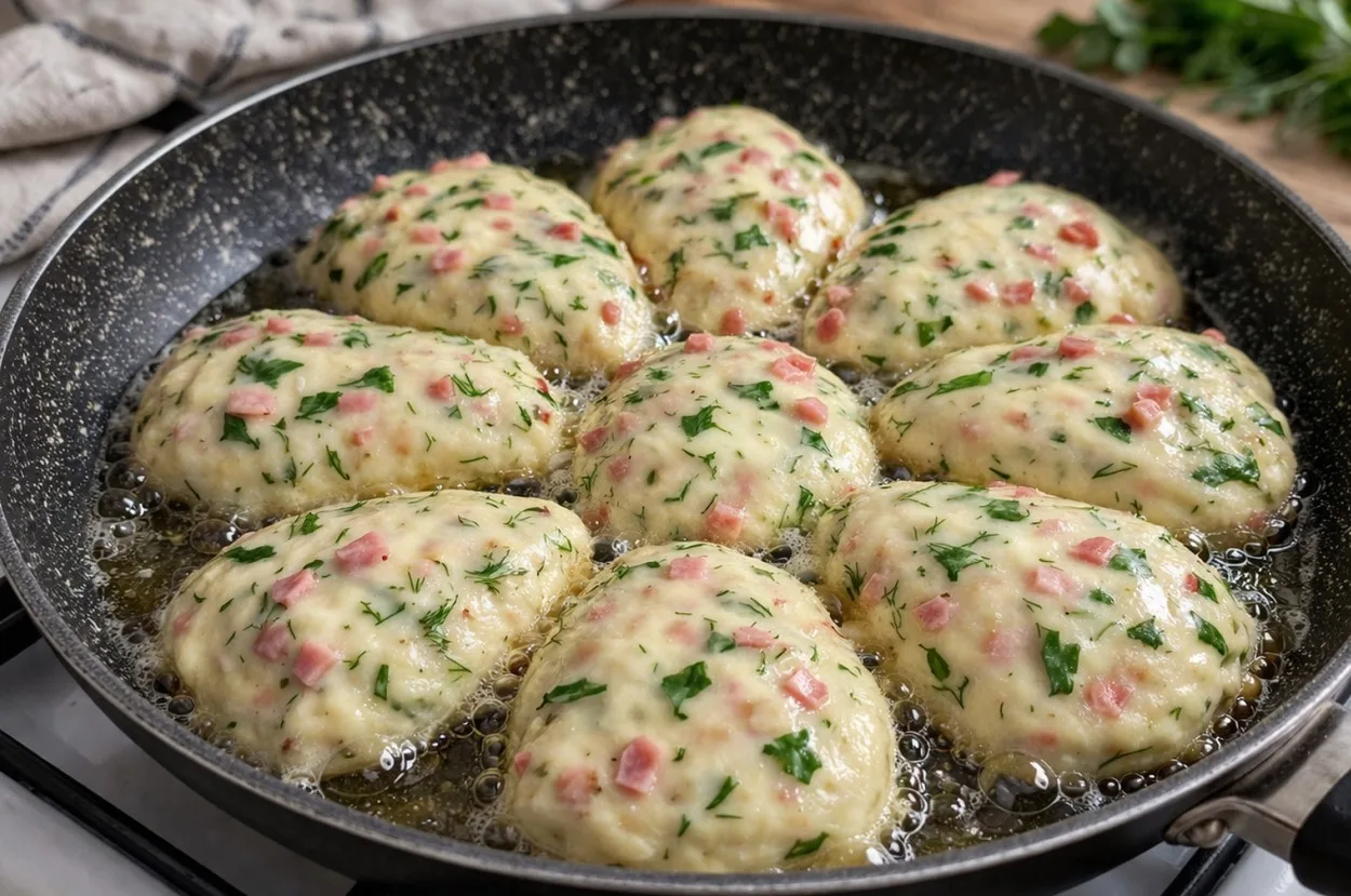 Пышные ленивые пирожки с вкраплениями свежей зелени на сковороде. Процесс приготовления