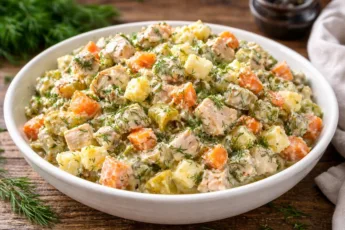 Сытный немецкий салат с курицей, маринованными огурцами и морковью на souspark.ru