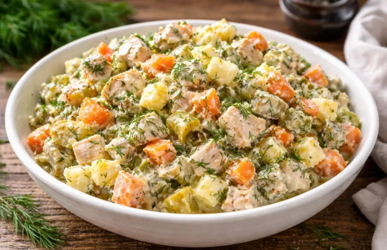 Сытный немецкий салат с курицей, маринованными огурцами и морковью на souspark.ru