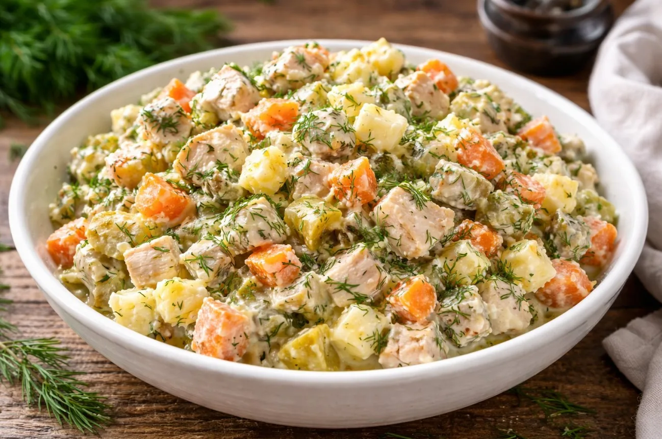 Сытный немецкий салат с курицей, маринованными огурцами и морковью на souspark.ru