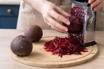 Яркий салат из тертой свеклы с зеленью и соусом. Процесс приготовления