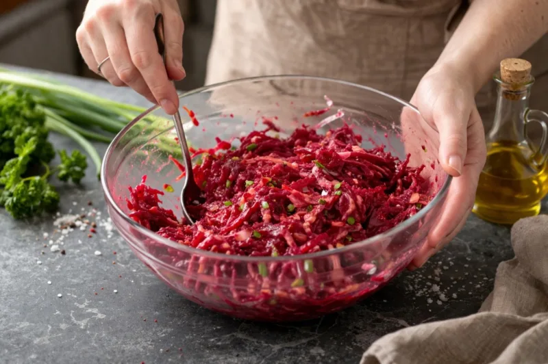 Яркий салат из тертой свеклы с зеленью и соусом в прозрачной салатнице