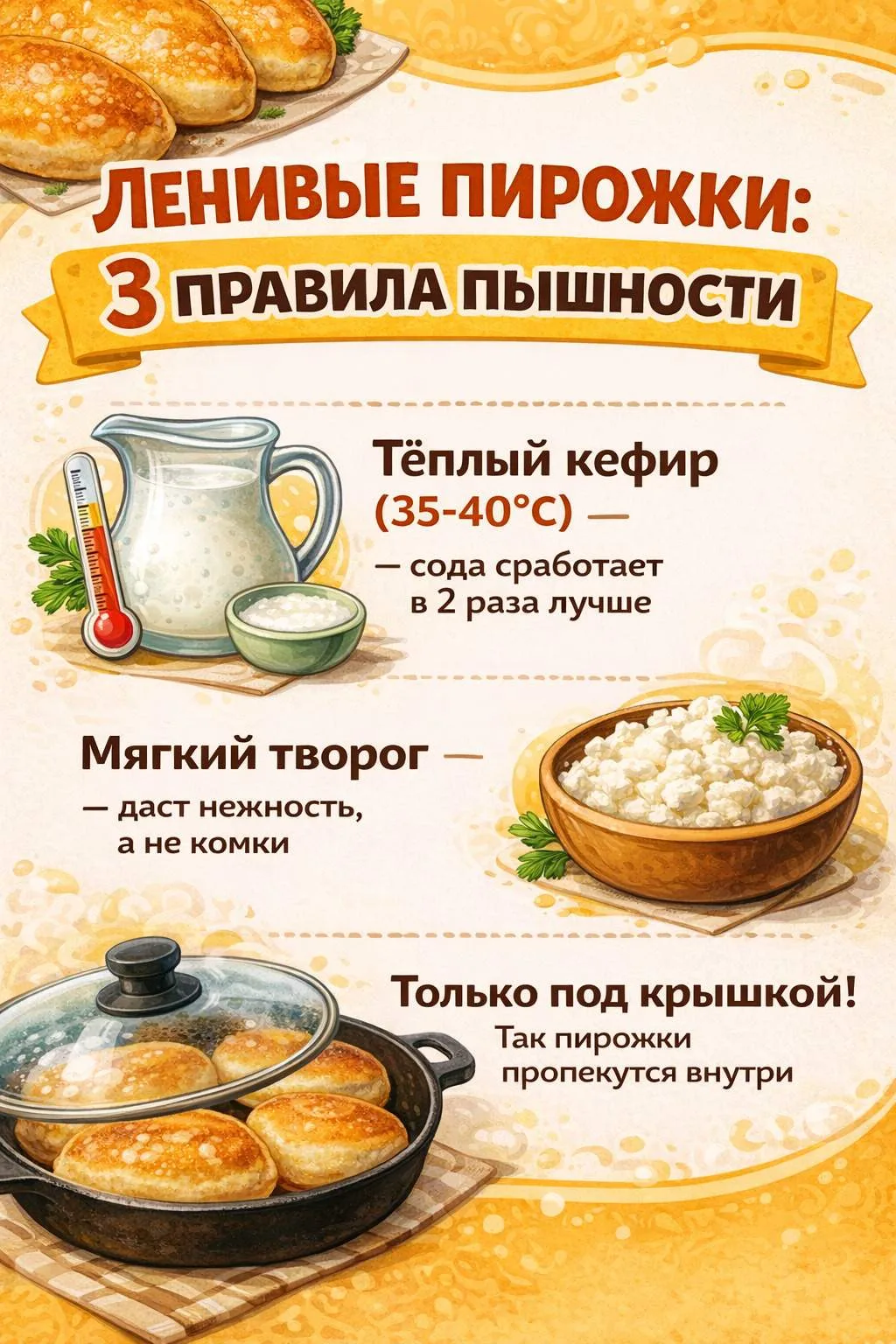 «Инфографика: секреты пышных ленивых пирожков на кефире и твороге»