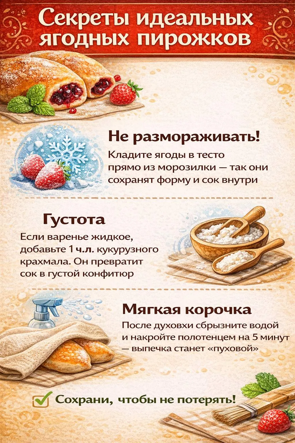 Инфографика с секретами приготовления пирожков с замороженными ягодами и густым вареньем