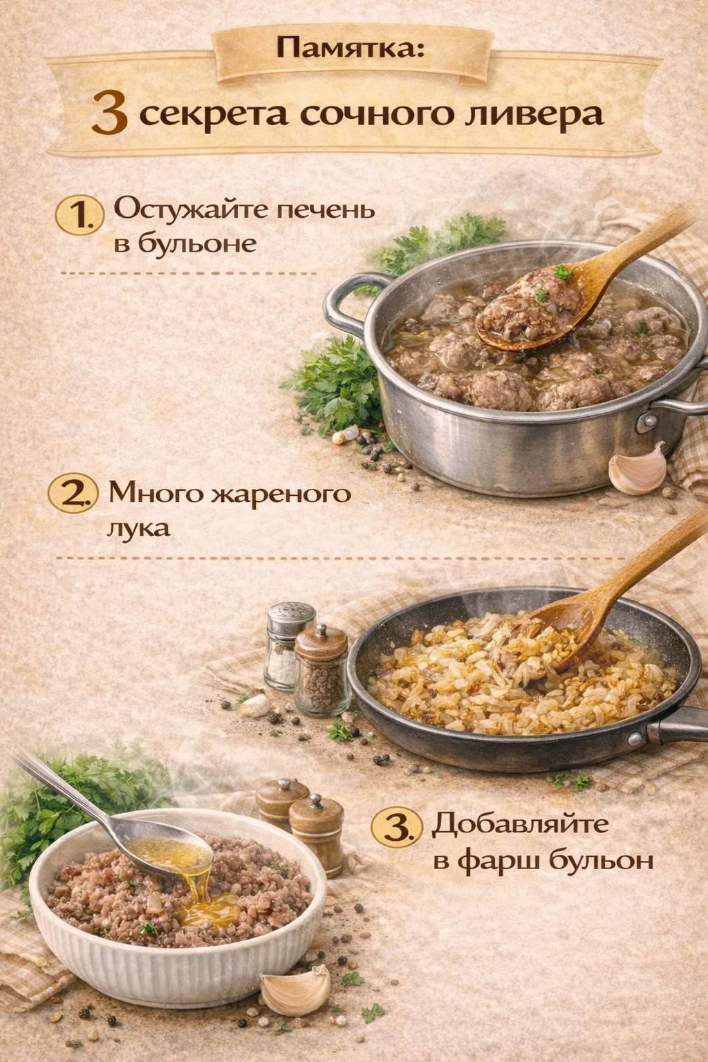 Инфографика с советами по приготовлению начинки из печени для пирожков.