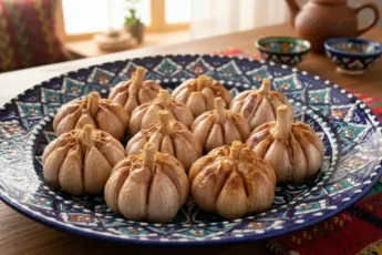 Головки запеченного чеснока крупным планом на расписной тарелке, золотистая корочка и нежная текстура