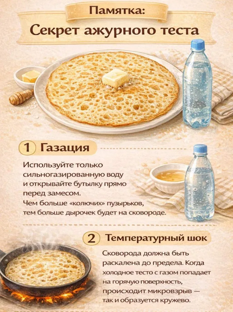 Инфографика с правилами приготовления ажурных блинов на минеральной воде без молока