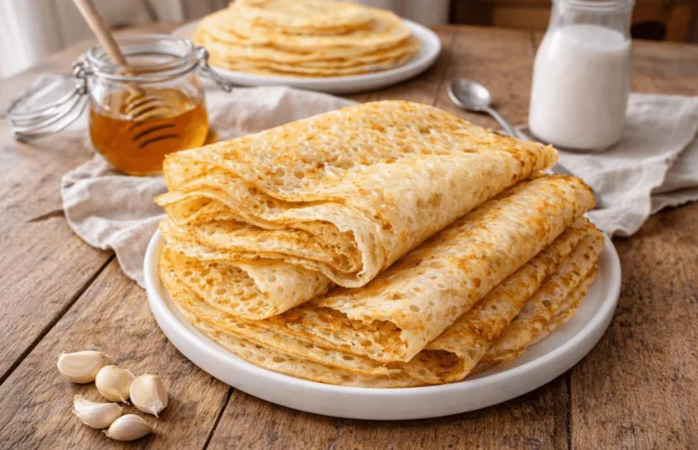 Стопка тонких ажурных блинчиков на кефире с дырочками