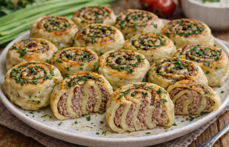 Сочные ленивые пельмени-рулетики на сковороде с зеленью