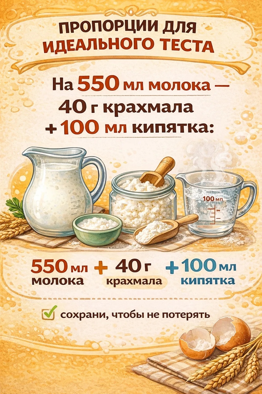 Инфографика: идеальные пропорции теста для тонких шелковых блинов с крахмалом и кипятком