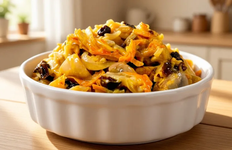 Салат «Лесник» с жареными шампиньонами, морковью и черносливом в салатнике