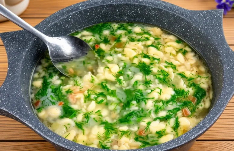 Домашний суп «Затируха» с зеленью и густыми клёцками в кастрюле, процесс приготовления