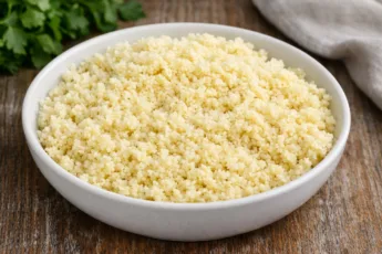 Готовый рассыпчатый кускус в миске крупным планом