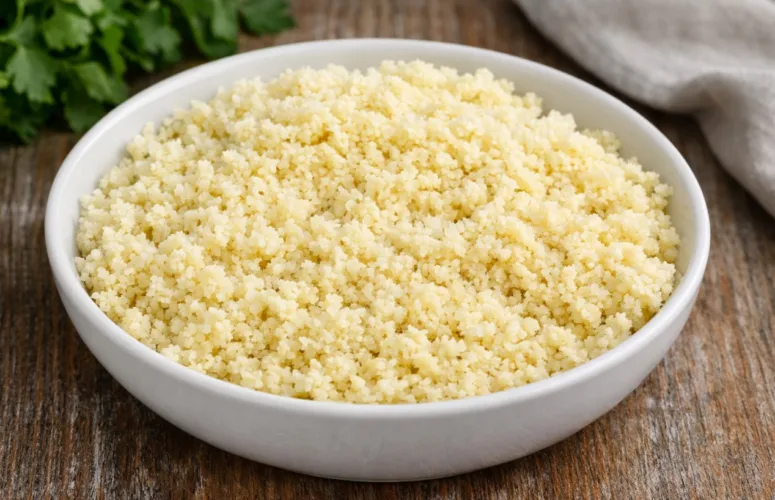 Готовый рассыпчатый кускус в миске крупным планом