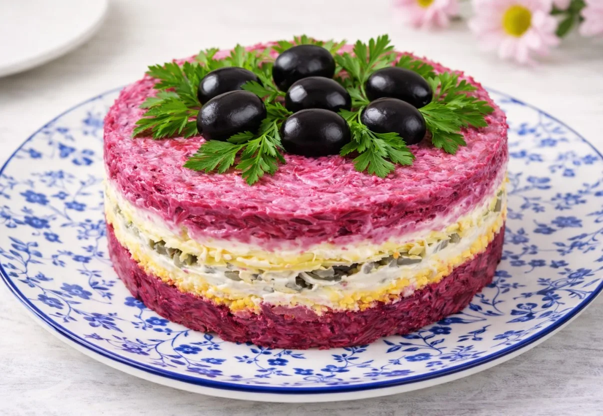 Слоеный свекольный салат "Рубиновый секрет" с сыром, яйцами и чесноком — рецепт Виктора Ерофеева