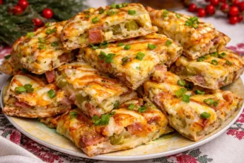 Большая домашняя пицца на противне с колбасой, помидорами и расплавленным сыром