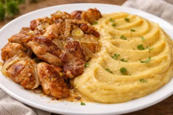 Тарелка нежного желтого горохового пюре с кусочками обжаренной курицы и золотистым луком сверху