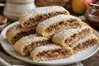 Румяный яблочный рулет с сахарной пудрой и сочной начинкой, нарезанный на порции