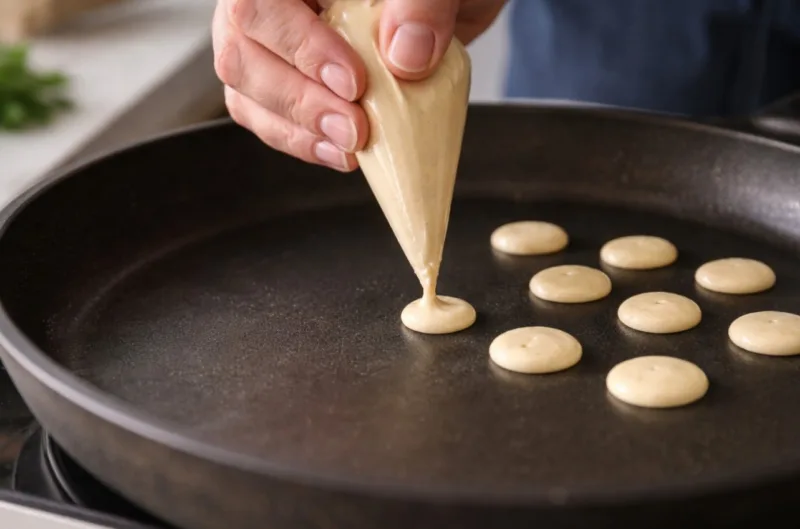 Отсаживание теста для мини-оладий из кондитерского мешка на сковороду