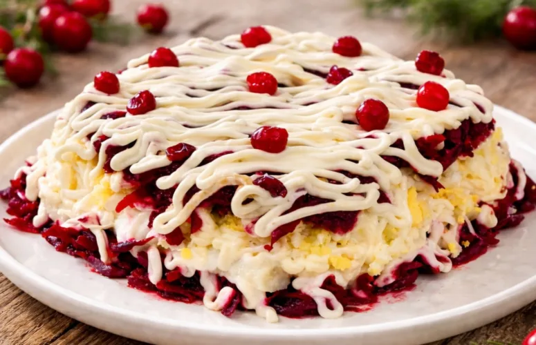 Яркий праздничный салат Розовая пантера со свеклой и икрой минтая от Виктора Ерофеева