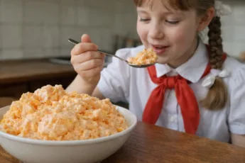 Яркий салат из тертой моркови с чесноком, сыром и дольками мандаринов на тарелке