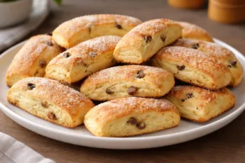 Золотистые пышные булочки с изюмом на блюде к домашнему чаепитию