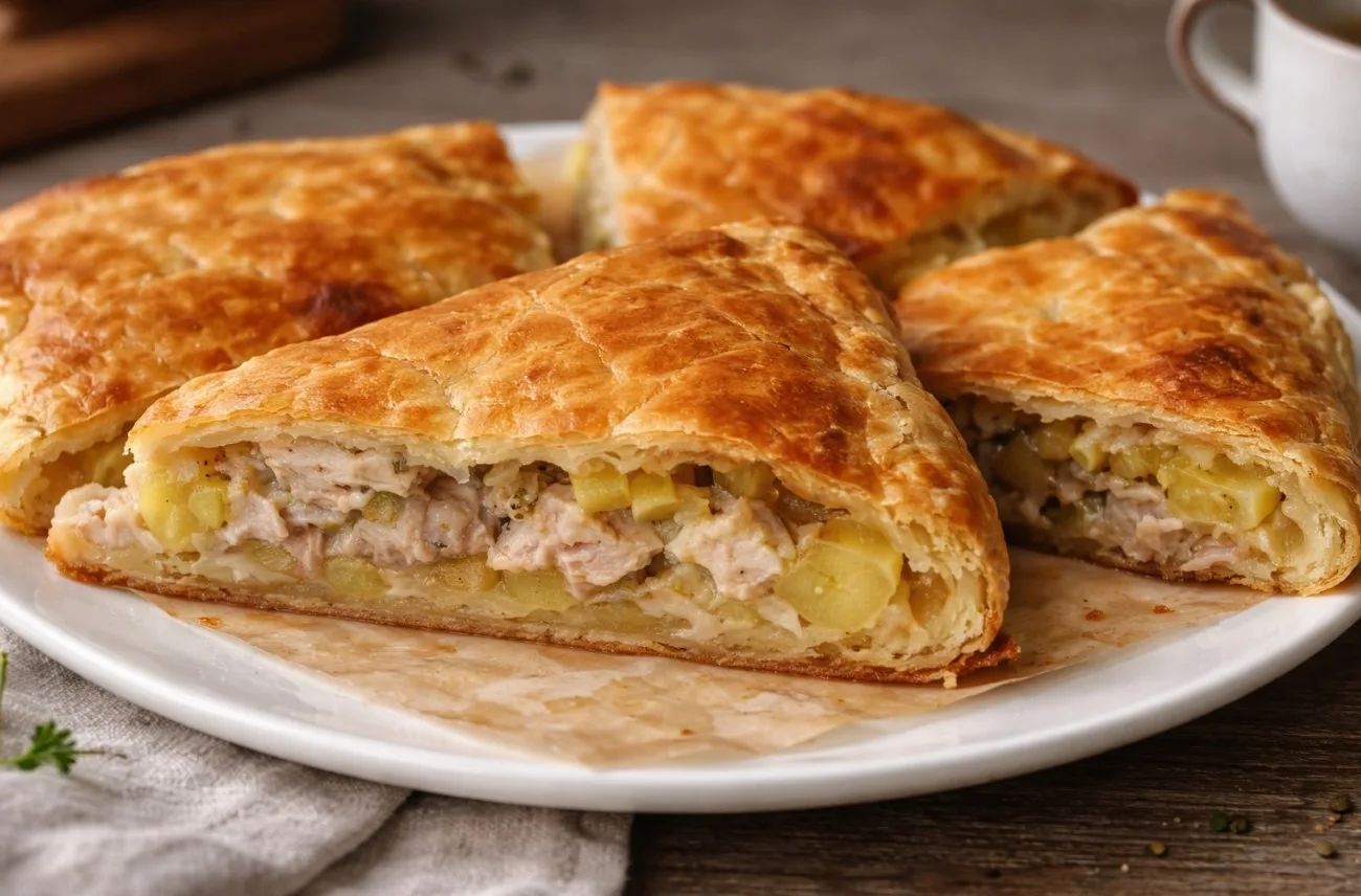 Румяный слоеный пирог с курицей и картошкой, посыпанный кунжутом, в разрезе