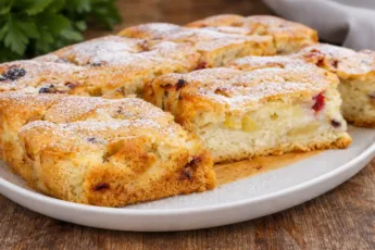 яблочная шарлотка с ягодами от Виктора Ерофеева, посыпанная сахарной пудрой