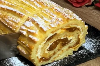 Разрез домашнего торта с заварным кремом, карамелью и грецкими орехами на тарелке