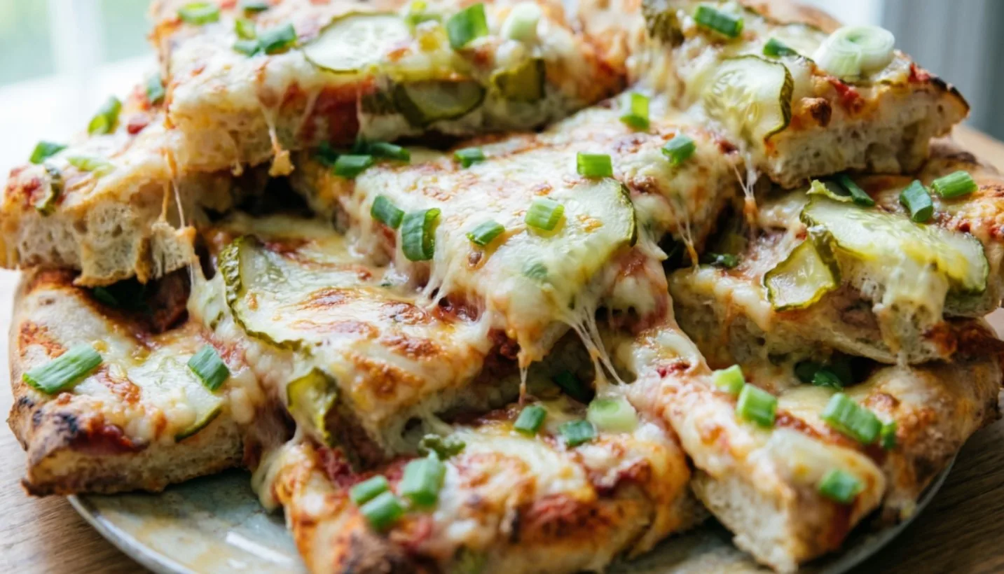 Большая домашняя пицца на противне с колбасой, помидорами и расплавленным сыром