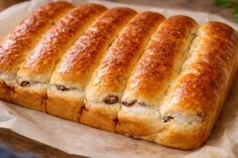 Ряд золотистых пышных саек с изюмом плотно прижатых друг к другу на противне