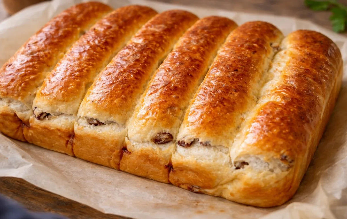 Ряд золотистых пышных саек с изюмом плотно прижатых друг к другу на противне