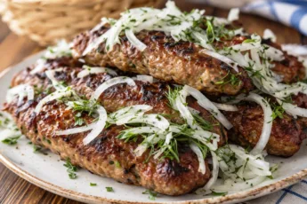 Аппетитные продолговатые люля-кебабы из фарша с овощами, поданные с луком и зеленью