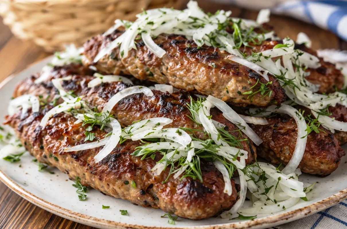 Аппетитные продолговатые люля-кебабы из фарша с овощами, поданные с луком и зеленью