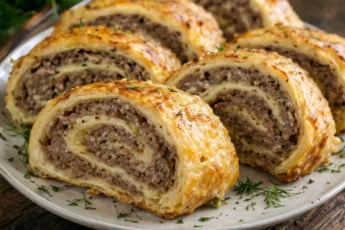 Золотистый запеченный мясной рулет в разрезе, внутри которого видна сочная мясная начинка