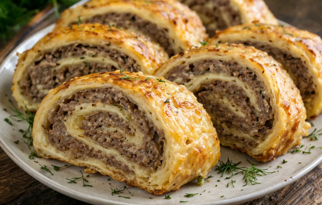 Золотистый запеченный мясной рулет в разрезе, внутри которого видна сочная мясная начинка