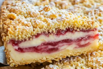 Высокий сметанный пирог в разрезе с толстым слоем нежного крема и золотистой корочкой