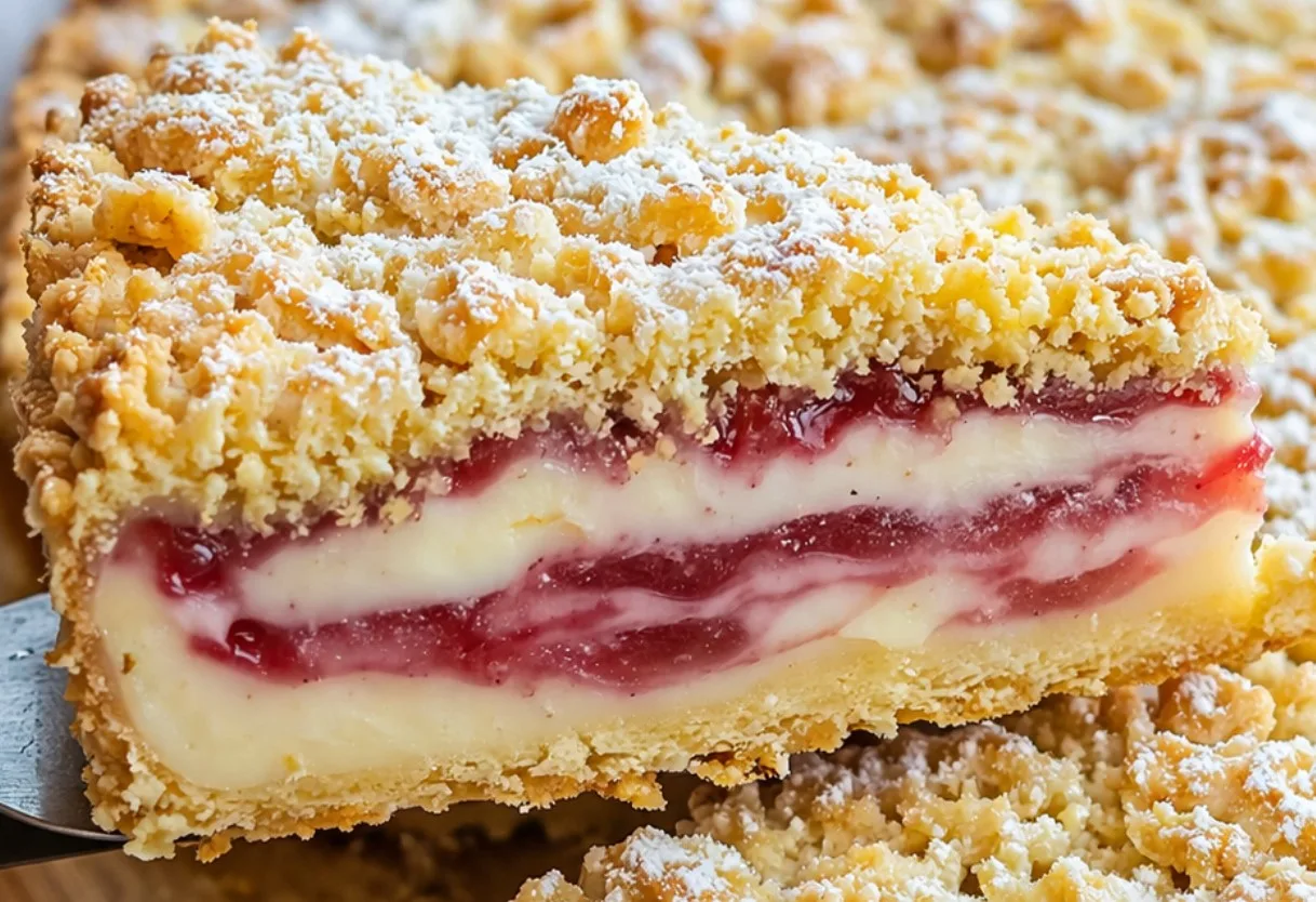 Высокий сметанный пирог в разрезе с толстым слоем нежного крема и золотистой корочкой