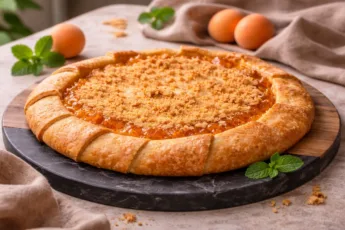 Золотистый домашний пирог с вареньем и ореховой крошкой