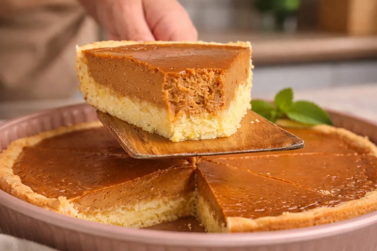 Разрез карамельного пирога со сметанным кремом и вареной сгущенкой на тарелке