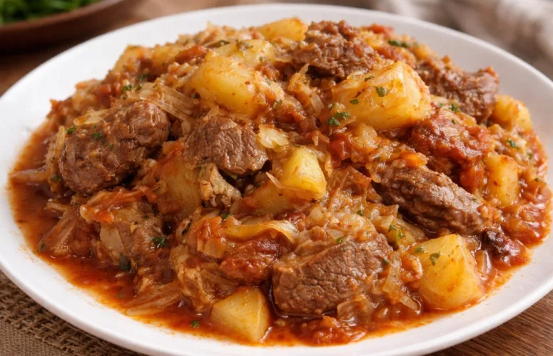 Аппетитное домашнее рагу в глубокой тарелке: кусочки мяса, золотистый картофель и тушеная капуста