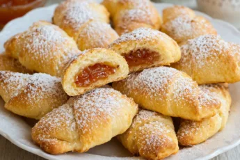 Золотистое творожное печенье в сахарной посыпке, аккуратно сложенное горкой на тарелке