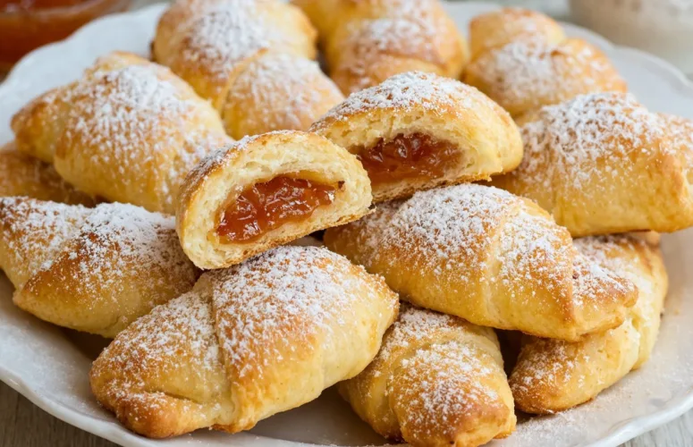 Золотистое творожное печенье в сахарной посыпке, аккуратно сложенное горкой на тарелке