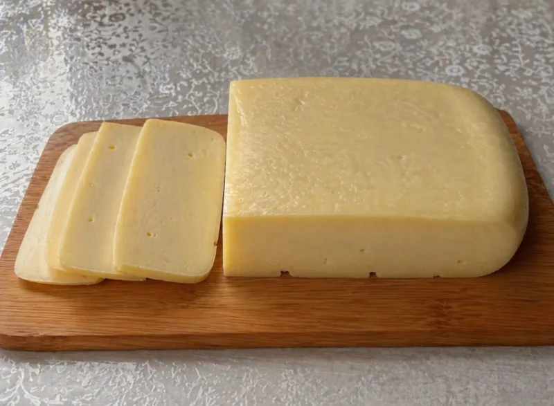 Плотный брусок желтого домашнего сыра, нарезанный на ровные ломтики на деревянной доске