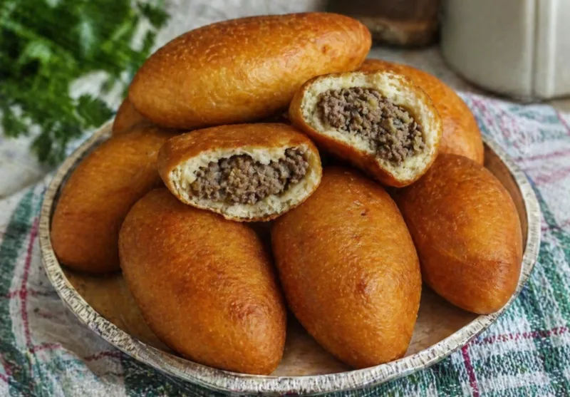 Горка румяных жареных пирожков на тарелке, один разломан пополам, видна сочная печеночная начинка