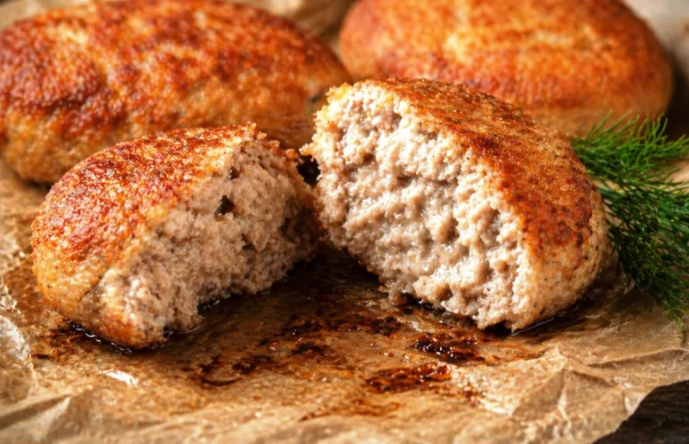 Пышные запеченные котлеты, виден пар и сочная текстура мяса