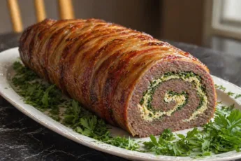 Аппетитный срез мясного рулета из фарша с яркой начинкой из шпината и расплавленного сыра