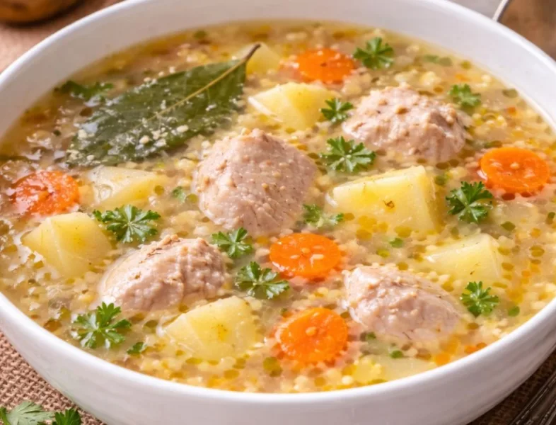 Прозрачный куриный суп с овощами и манкой в тарелке, украшенный зеленью